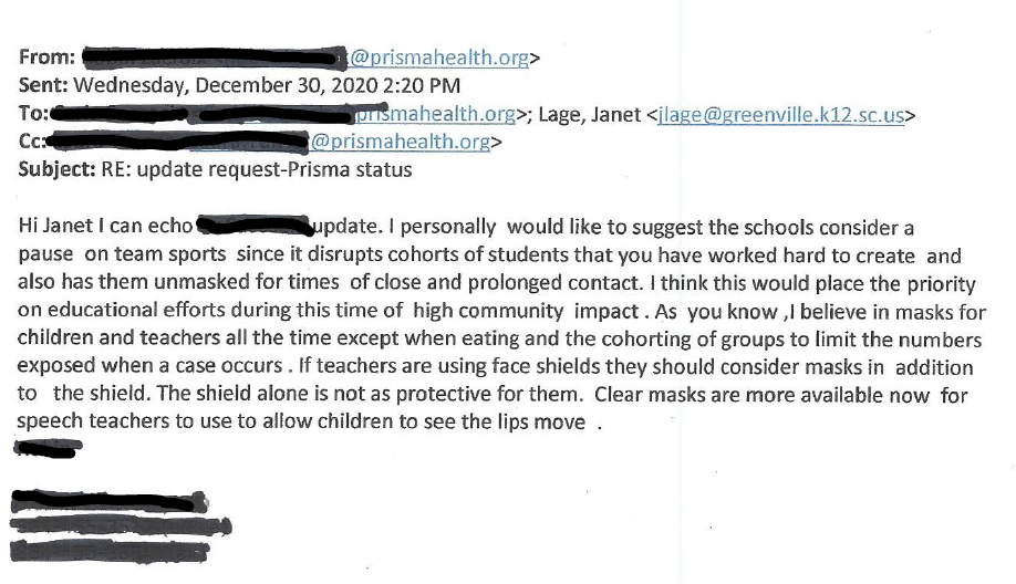 Jan. 9, 2021, Greenville County Schools FOIA response: sixth email (Prisma, re: sports)